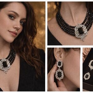 Classic Black Beaded Statement Necklace & Drop Earrings — Timeless Elegance